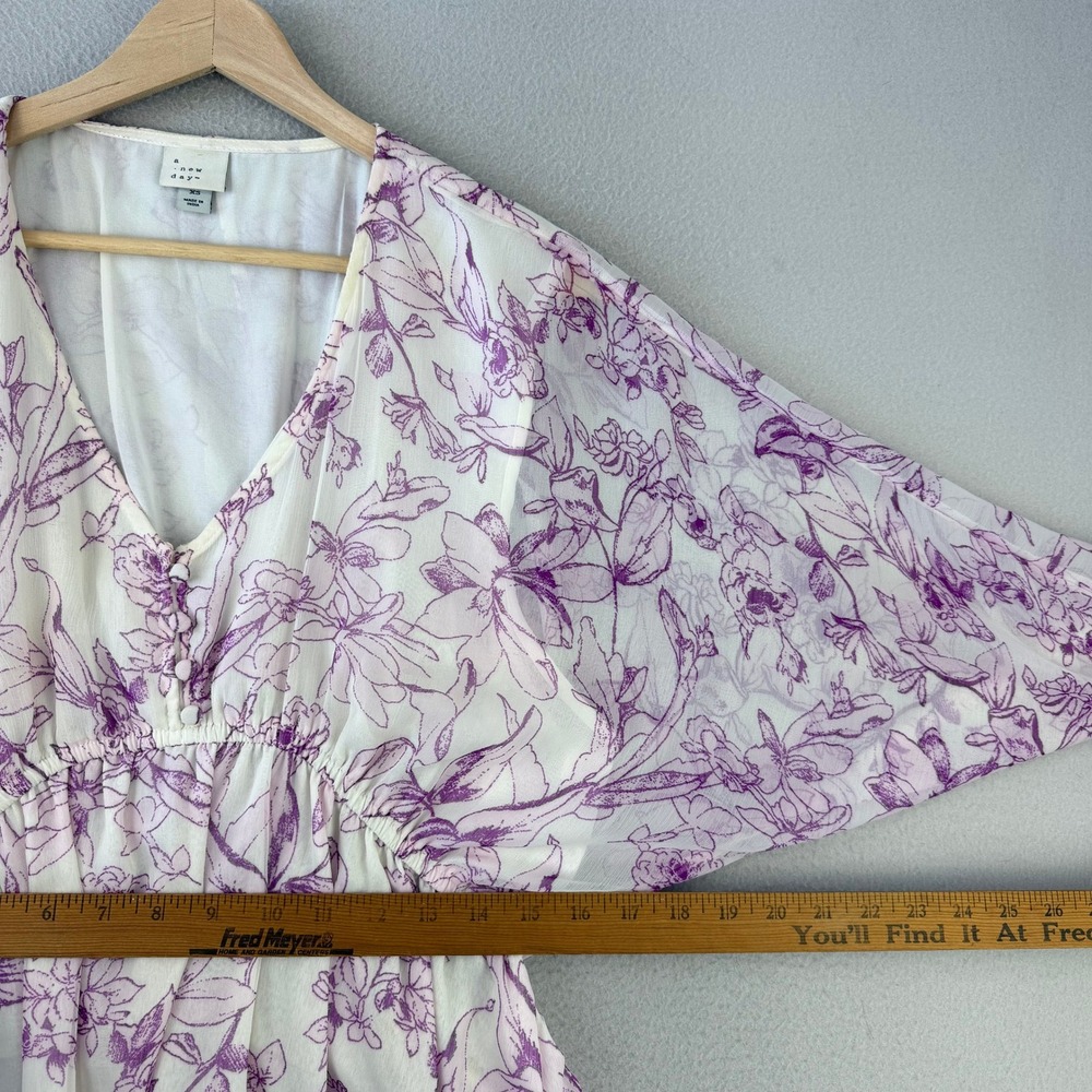 A New Day Floral Mini Dress Women XS Purple White Boho V-Neck Long Sleeve - Picture 9 of 12
